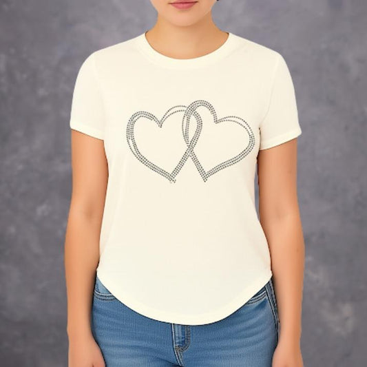 Bling Top Tee Shirt- Korean Style Women's Wear with Sparkling Designs on White Cream Fabric
