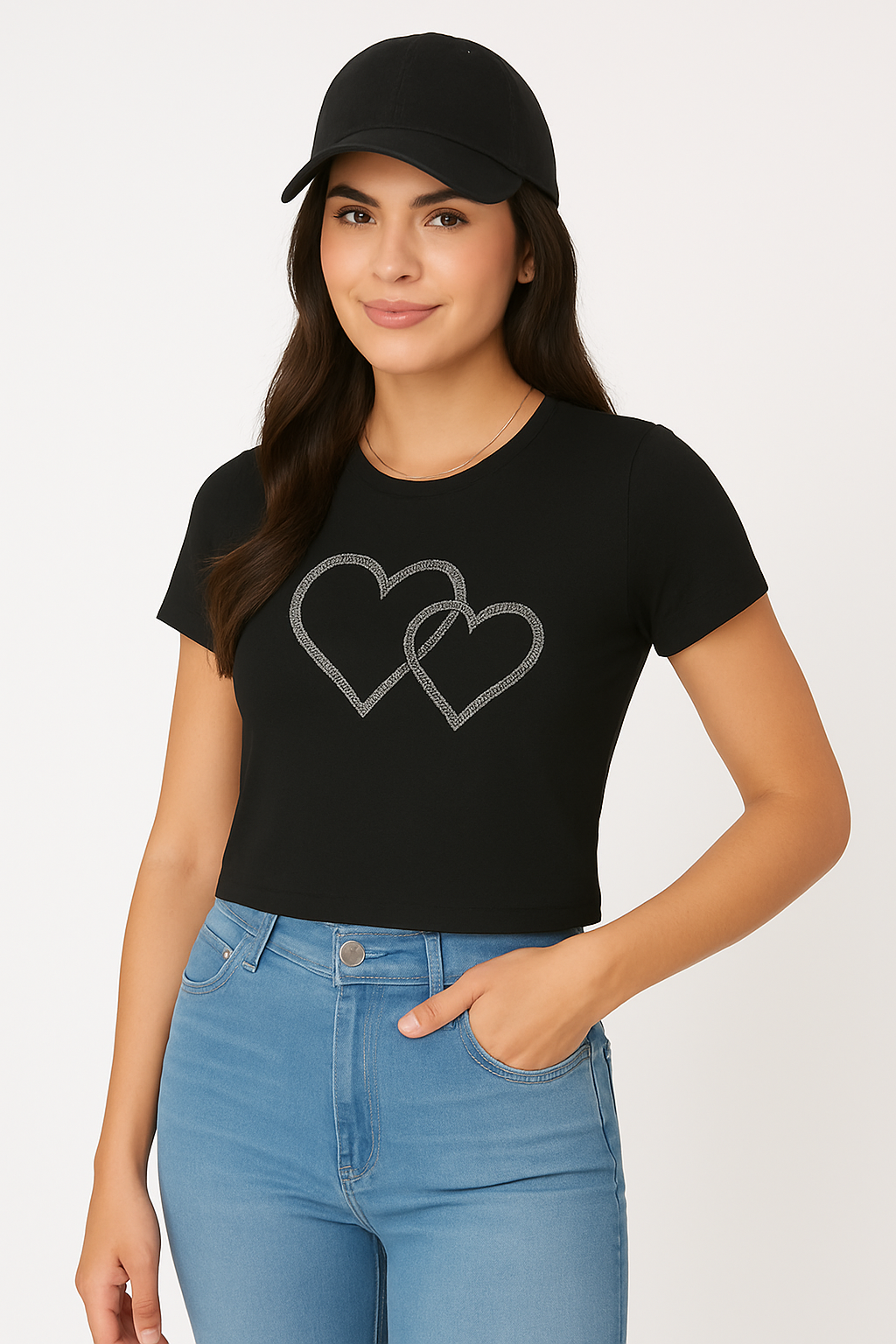 OKIS Black Tee Tops for Female (Heart Design)