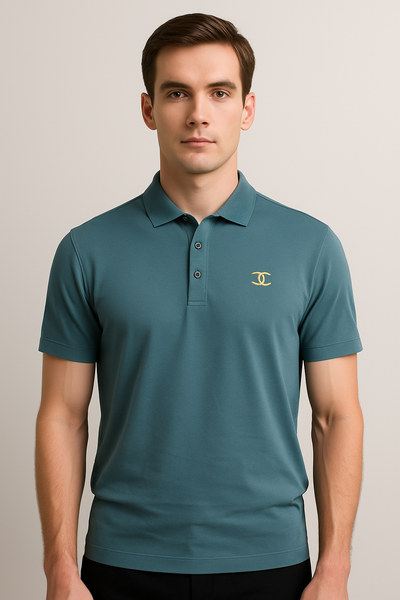 Teal Polo Shirt with Gold Double-C Logo