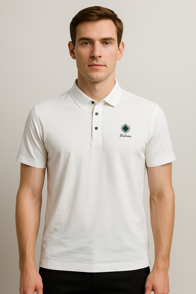 White Polo Shirt with Green Diamond Logo