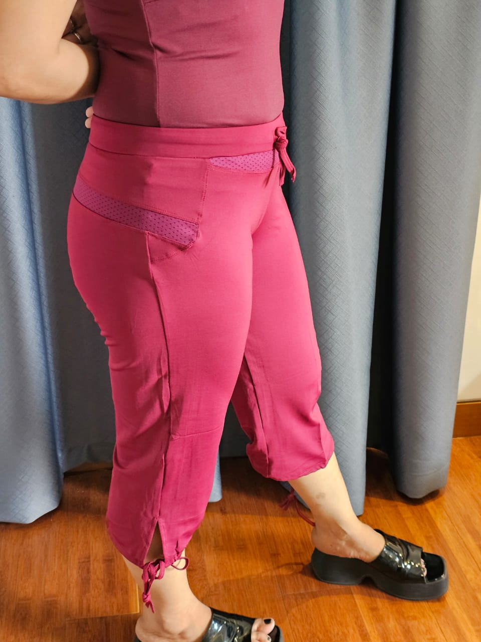 Magenta Capri Pants with Side Stripes and Adjustable Hem