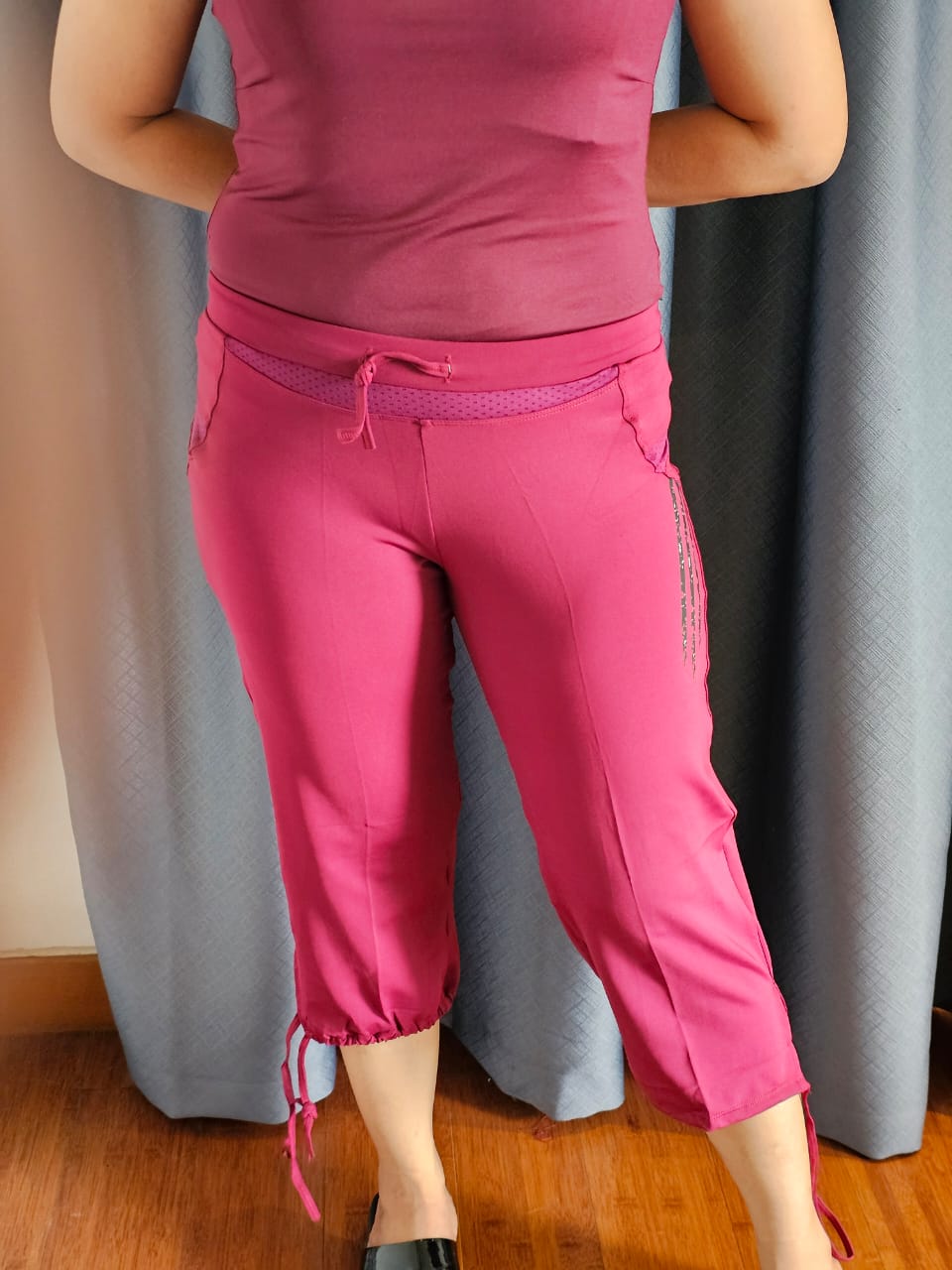 Magenta Capri Pants with Side Stripes and Adjustable Hem