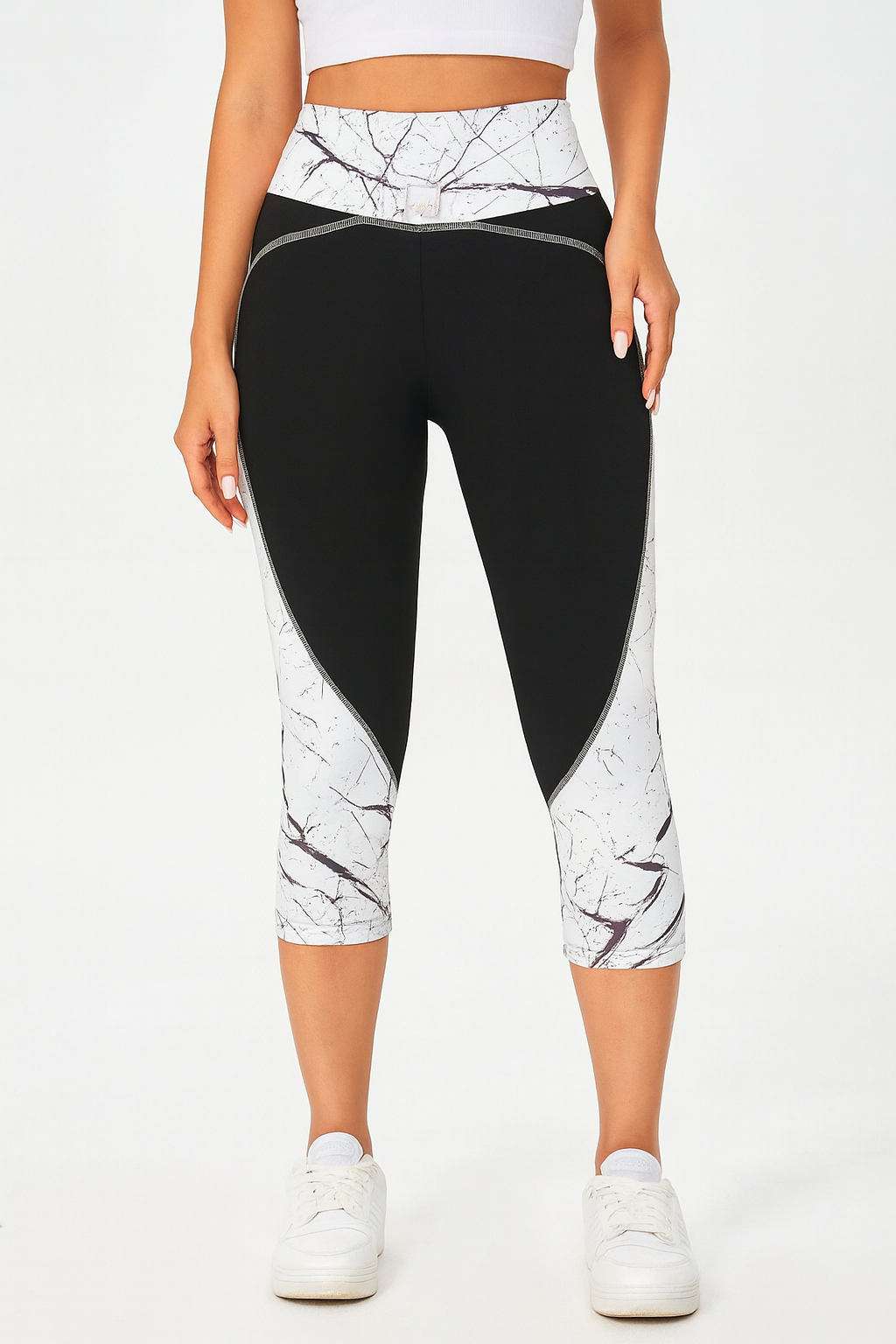 Marble Contrast High-Waist Capri Leggings
