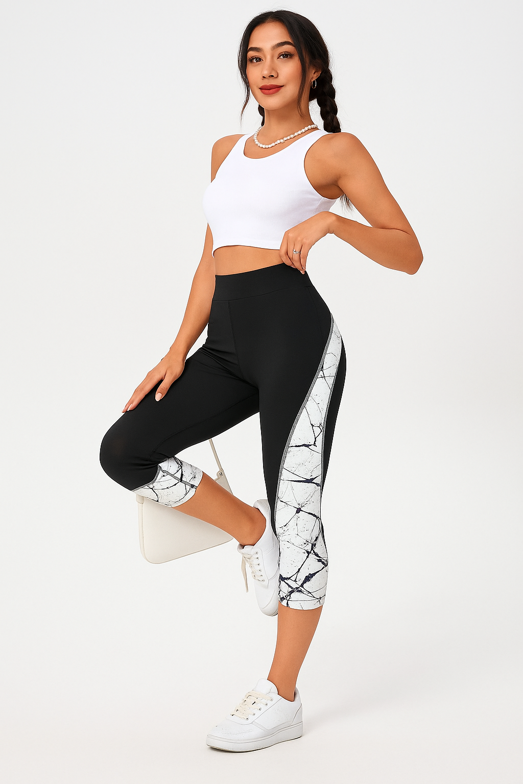 Marble Contrast High-Waist Capri Leggings