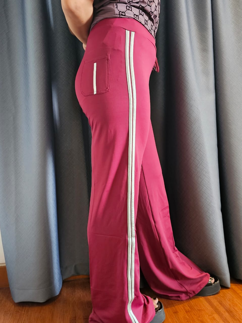 Maroon Flared Pants with White Side Stripes