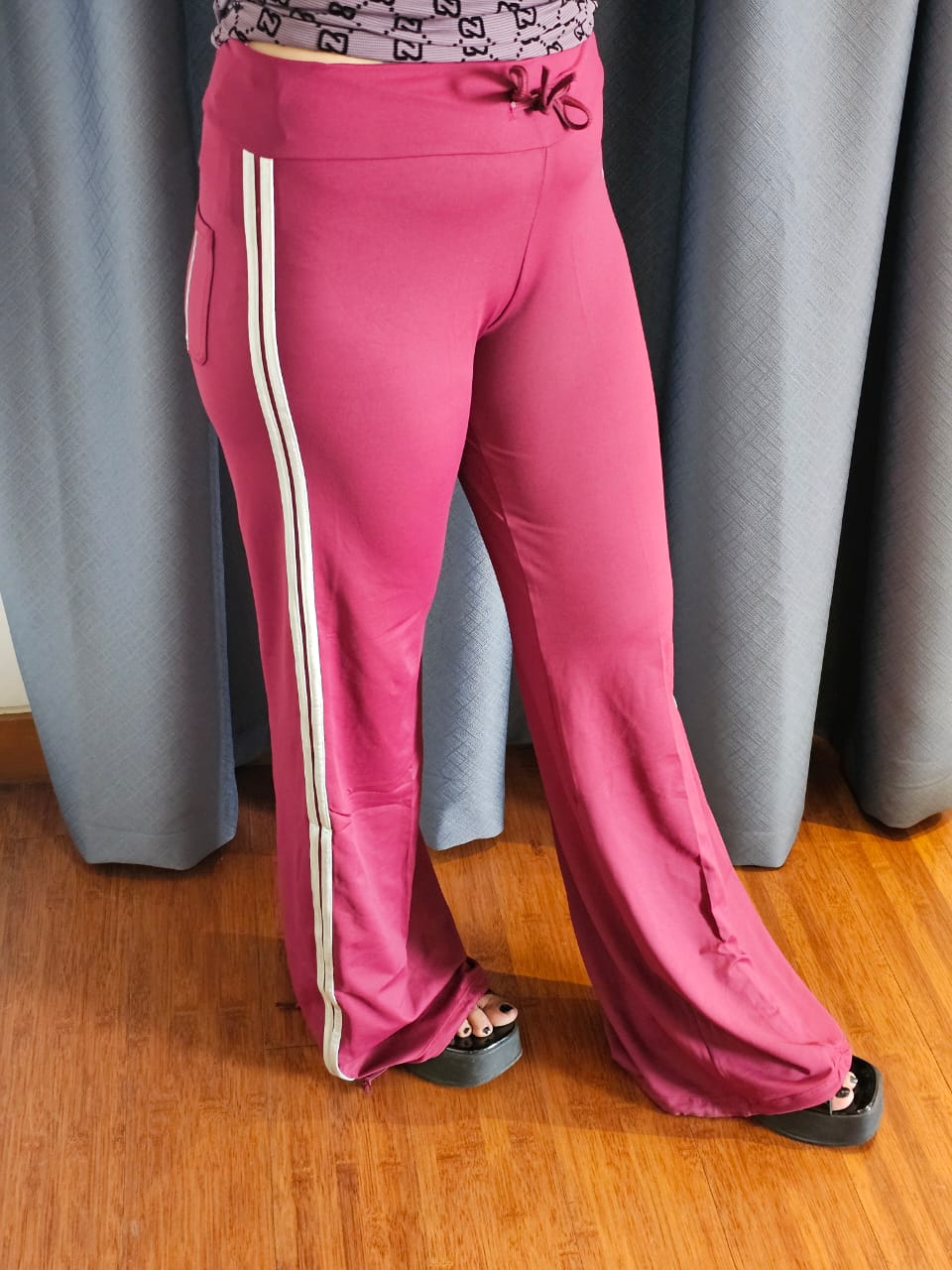 Maroon Flared Pants with White Side Stripes