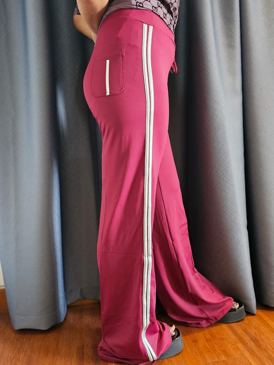 Maroon Flared Pants with White Side Stripes