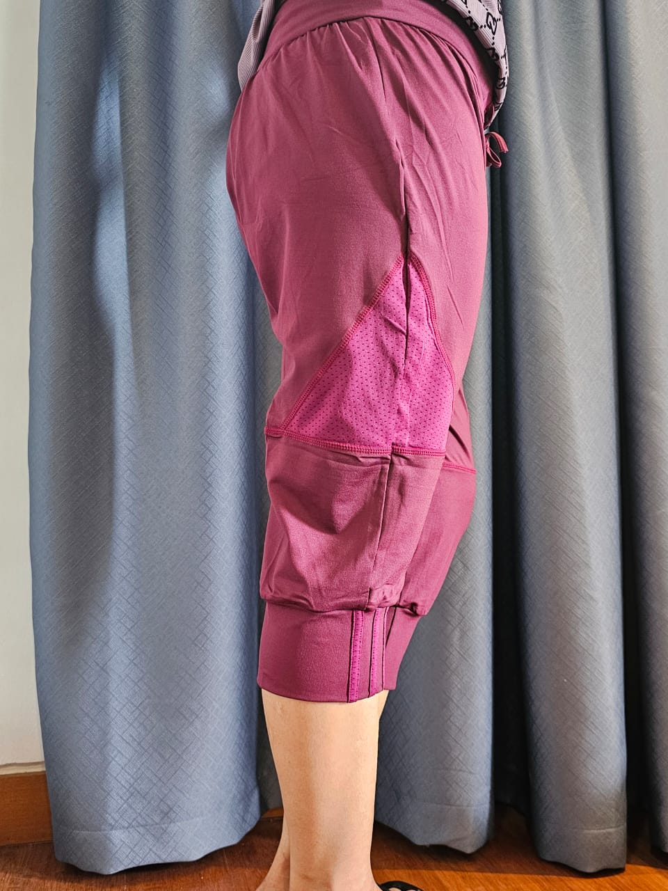 Maroon Sports Capri Pants with Mesh Side Panels