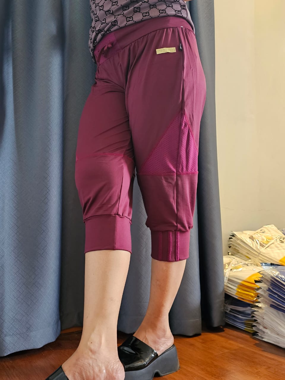 Maroon Sports Capri Pants with Mesh Side Panels
