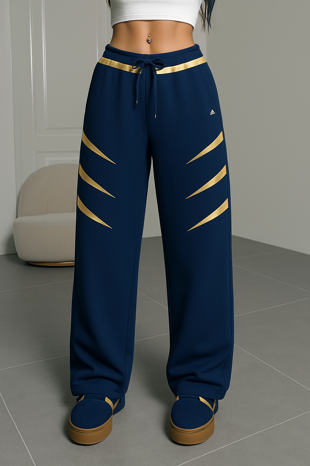 Navy Blue Athletic Pants with Gold Accents