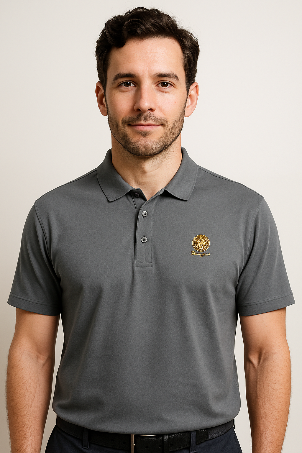 Charcoal Grey Embroidered Crest Short-Sleeve Polo Shirt