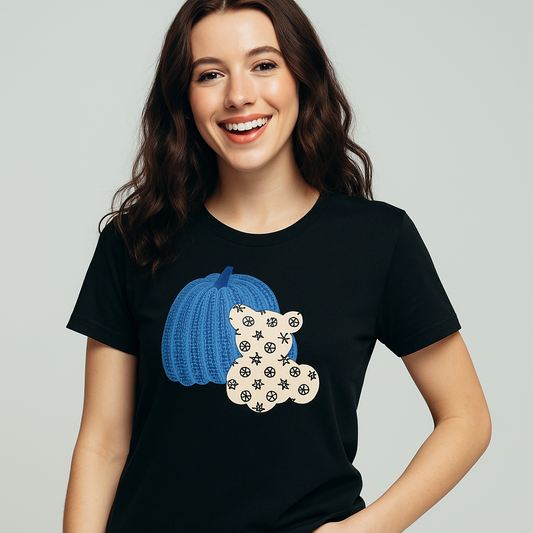 Black Tee with Blue Pumpkin & Teddy Bear Graphic
