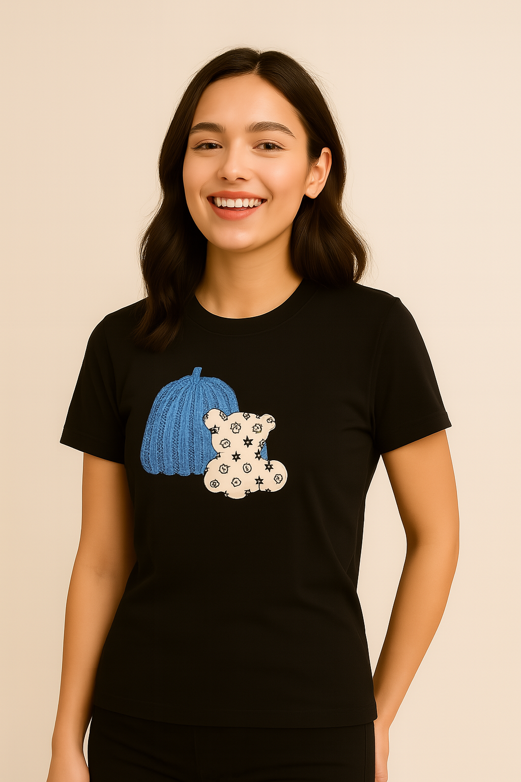 Black Tee with Blue Pumpkin & Teddy Bear Graphic