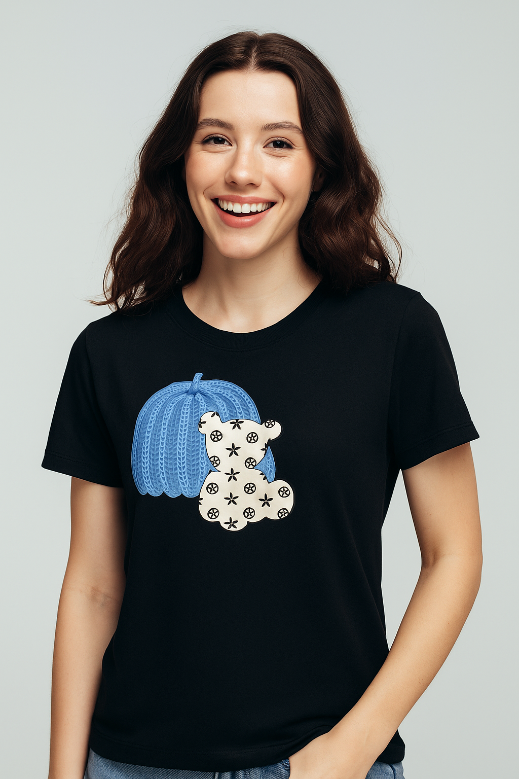 Black Tee with Blue Pumpkin & Teddy Bear Graphic