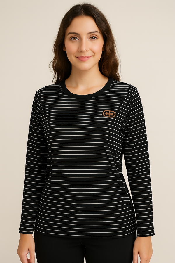 Classic Black Striped Tee with Chest Logo